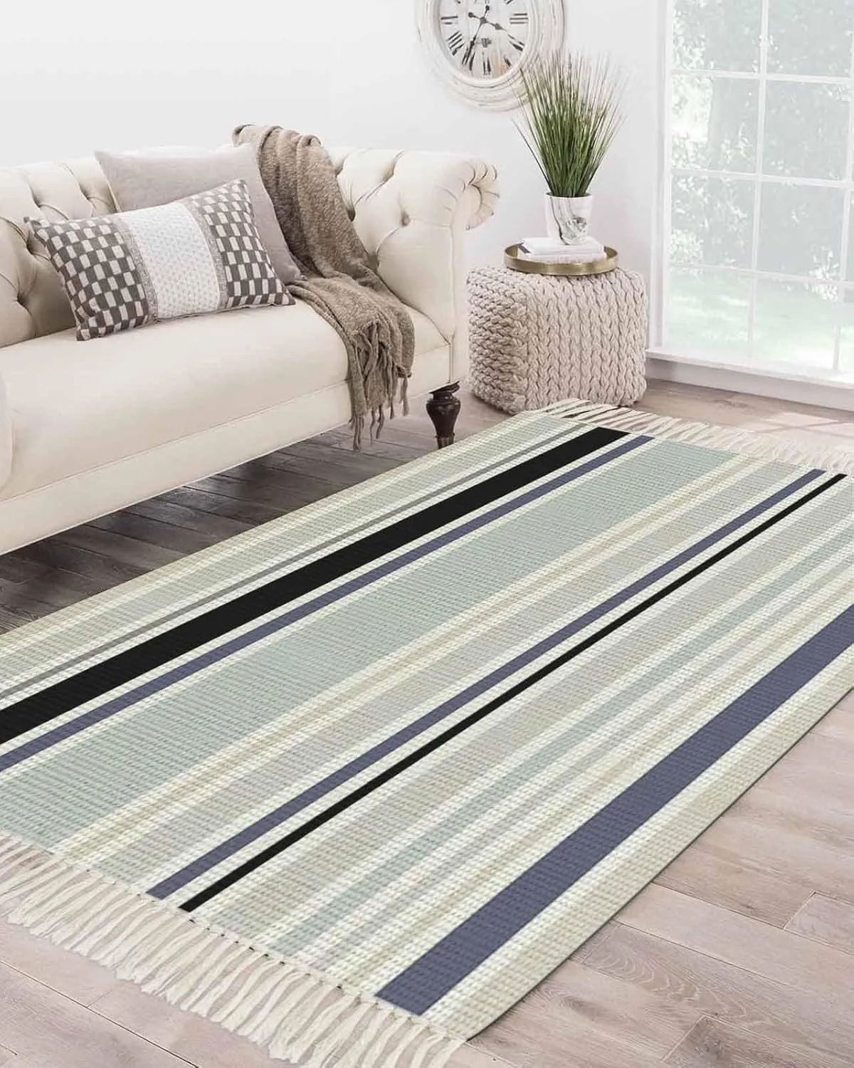 Blue Black Gray Large Runner Rug 4X6 Ft Living Room Area Rug, Washable Woven Throw Carpet with Tassel, Modern Simple Abstract Ombre Stripes Non-Shedding Bedroom Office Carpets