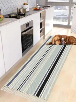 Blue Black Gray Runner Rug 2X4 Ft Entryway Outdoor Indoor Mat, Washable Woven Throw Carpet with Tassel, Modern Simple Abstract Ombre Stripes Non-Shedding Hallway Bath Mats