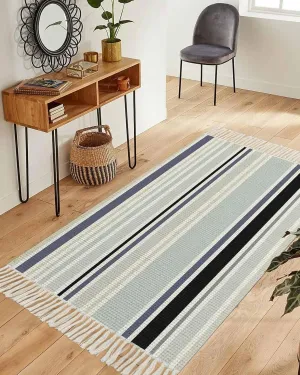Blue Black Gray Runner Rug 3X5 Ft Bedroom Area Rug, Washable Woven Throw Carpet with Tassel, Modern Simple Abstract Ombre Stripes Non-Shedding Dining Room Living Room Carpets