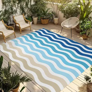 Blue Brown Stripes Outdoor Rug 6x9ft Large Patio Rug,Washable RV Camping Outside Area Runner Rug Mat,Abstract Geometric Ombre Wave Stripe Carpet for Picnic Backyard Deck Porch Balcony Beach & Indoor