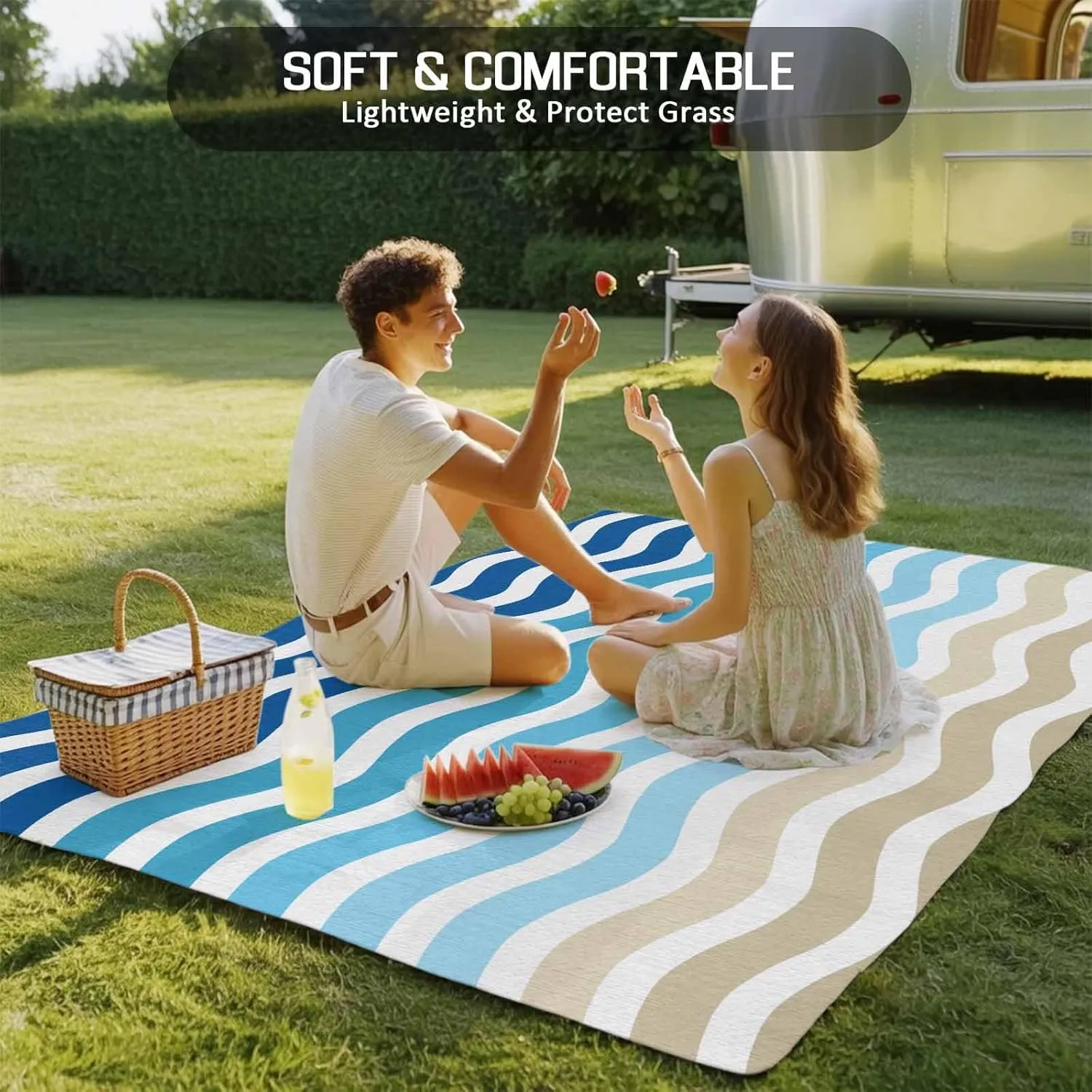 Blue Brown Stripes Outdoor Rug 6x9ft Large Patio Rug,Washable RV Camping Outside Area Runner Rug Mat,Abstract Geometric Ombre Wave Stripe Carpet for Picnic Backyard Deck Porch Balcony Beach & Indoor