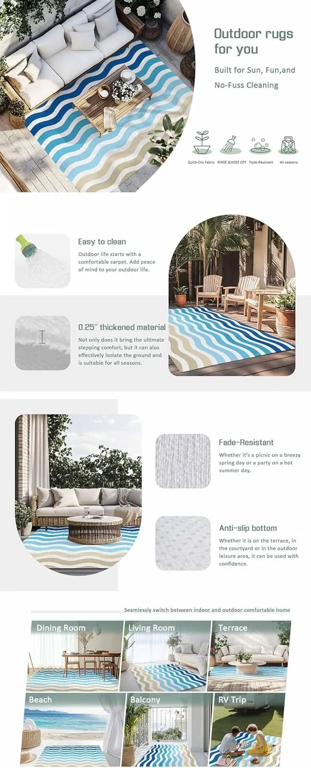 Blue Brown Stripes Outdoor Rug 6x9ft Large Patio Rug,Washable RV Camping Outside Area Runner Rug Mat,Abstract Geometric Ombre Wave Stripe Carpet for Picnic Backyard Deck Porch Balcony Beach & Indoor