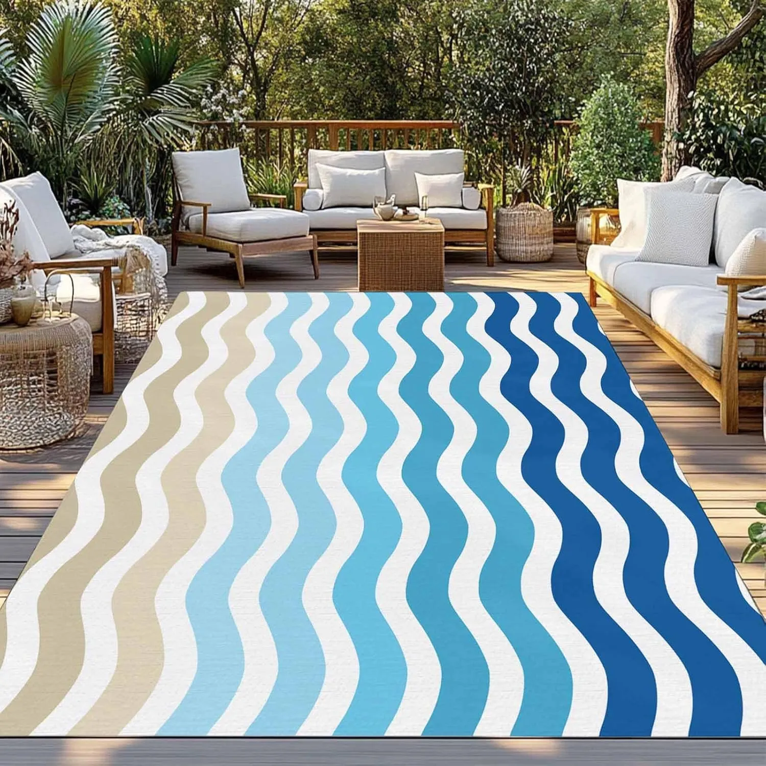 Blue Brown Stripes Outdoor Rug 6x9ft Large Patio Rug,Washable RV Camping Outside Area Runner Rug Mat,Abstract Geometric Ombre Wave Stripe Carpet for Picnic Backyard Deck Porch Balcony Beach & Indoor