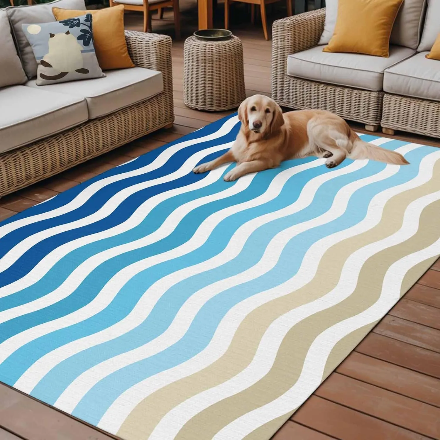 Blue Brown Stripes Outdoor Rug 6x9ft Large Patio Rug,Washable RV Camping Outside Area Runner Rug Mat,Abstract Geometric Ombre Wave Stripe Carpet for Picnic Backyard Deck Porch Balcony Beach & Indoor