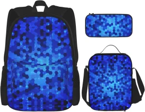 Blue Hexagon Pattern Print Stylish Travel Backpack And Lunch Box Set,600d Oxford Fabric,With Insulated Lunch Bag