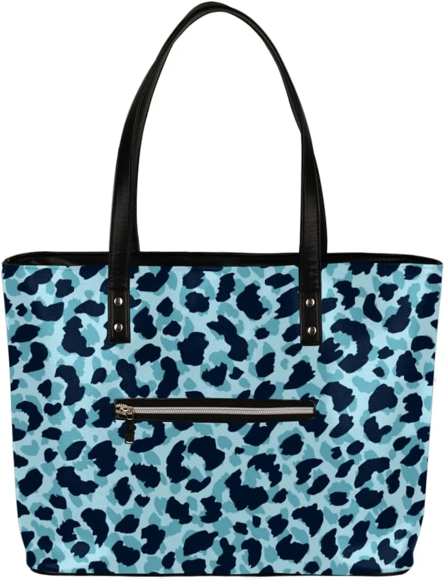 Blue Leopard Pattern Tote Bag Women Shoulder Handbags PU Leather Everyday Bag with External Pocket Large Capacity Aesthetic Corduroy Tote Bag for Travel Work Party