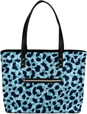 Blue Leopard Pattern Tote Bag Women Shoulder Handbags PU Leather Everyday Bag with External Pocket Large Capacity Aesthetic Corduroy Tote Bag for Travel Work Party