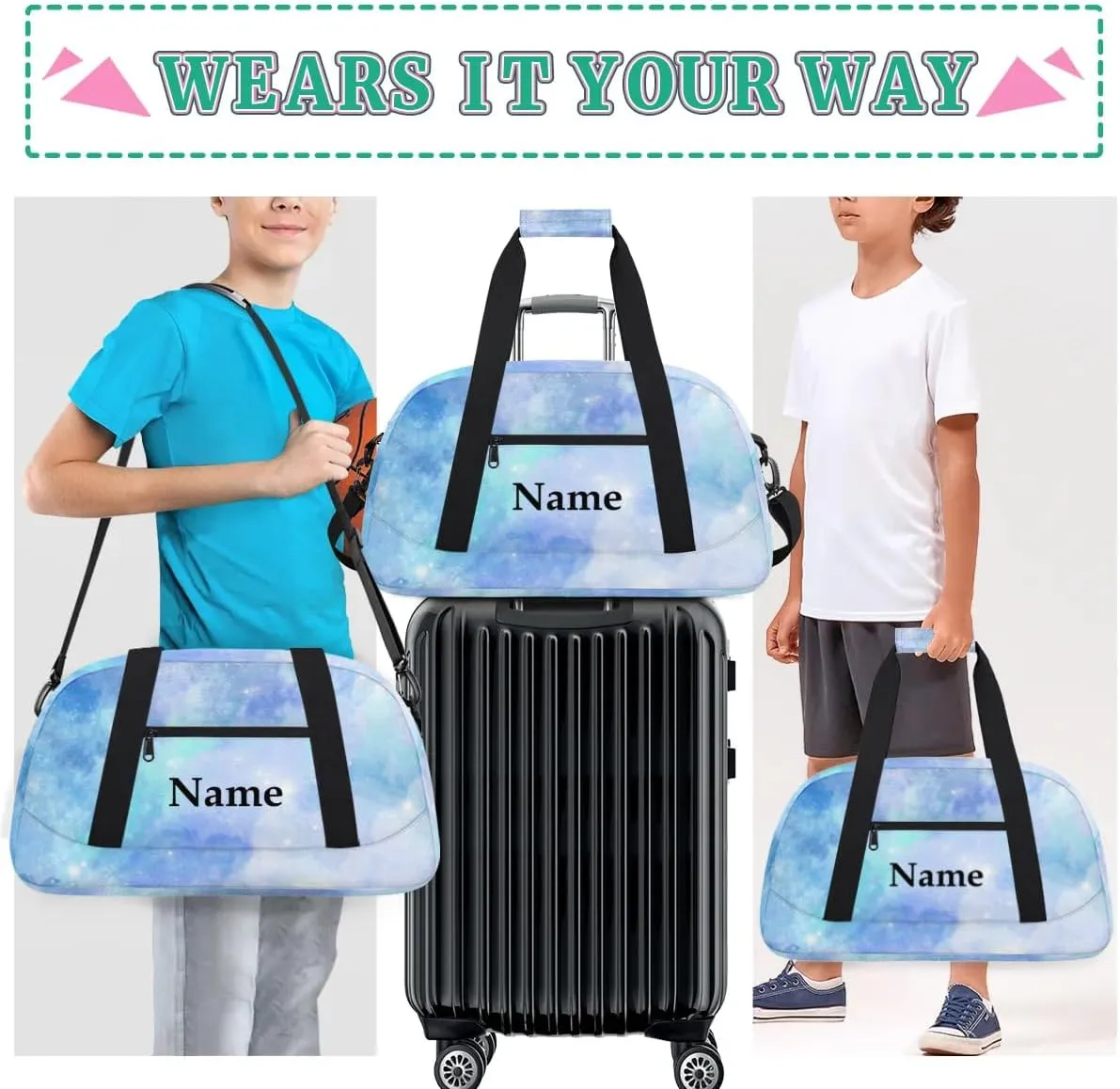 Blue Rendering Personalized Duffle Bag for Kids Custom Dance Ballet Bag with Name Lightweight Travel Weekender Overnight Bags Sport Gym Duffel Bags Workout Carry On Tote Bag for Girls Boys