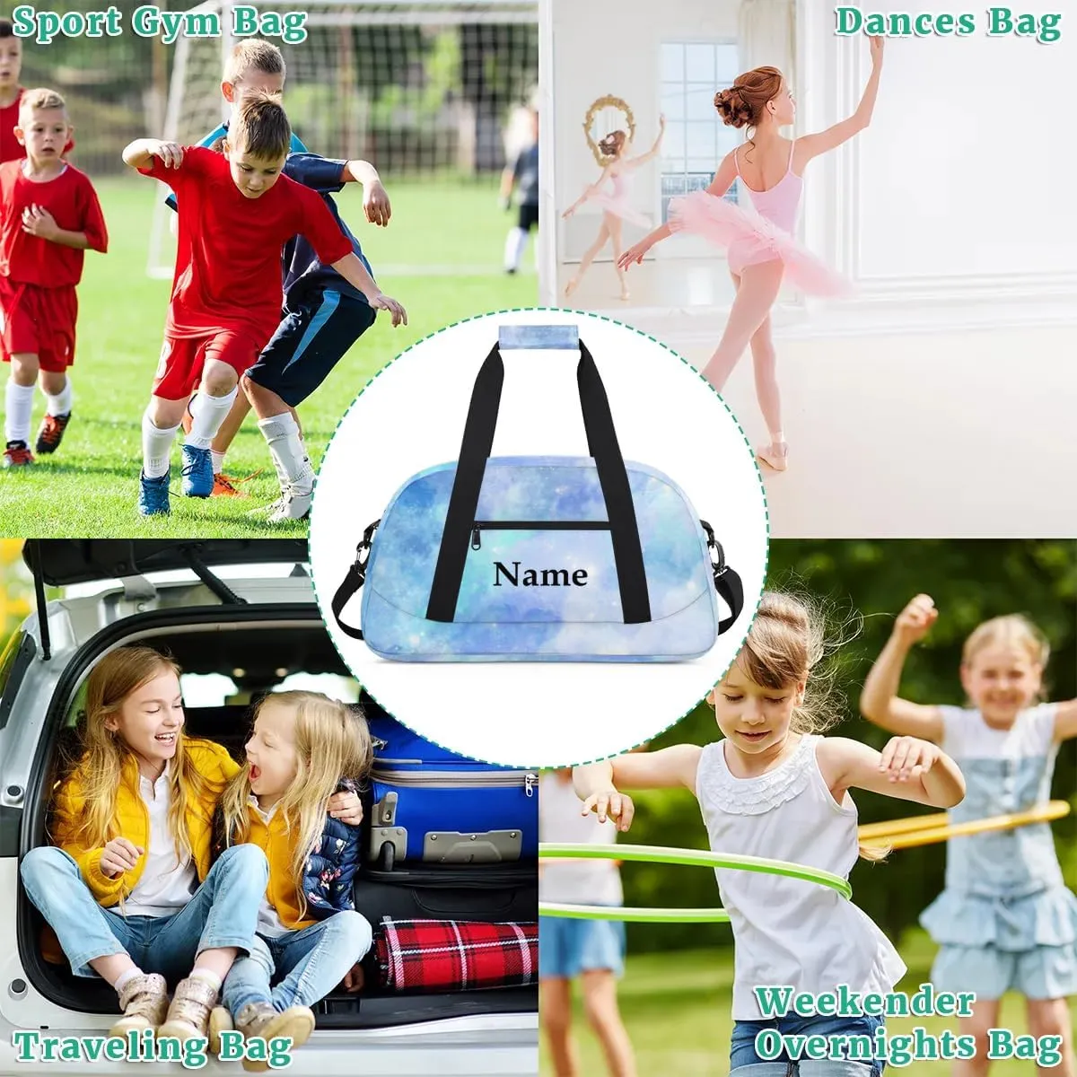 Blue Rendering Personalized Duffle Bag for Kids Custom Dance Ballet Bag with Name Lightweight Travel Weekender Overnight Bags Sport Gym Duffel Bags Workout Carry On Tote Bag for Girls Boys