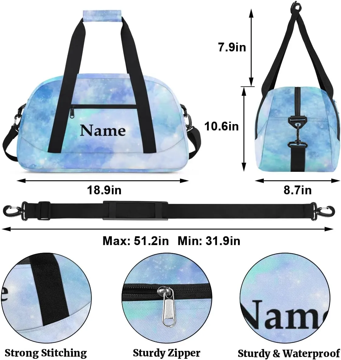Blue Rendering Personalized Duffle Bag for Kids Custom Dance Ballet Bag with Name Lightweight Travel Weekender Overnight Bags Sport Gym Duffel Bags Workout Carry On Tote Bag for Girls Boys