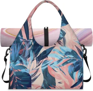 Blue Tropical Plants Women's Yoga Gym Bag - Adjustable shoulder strap with shoe compartment, large gym bag with multiple pockets for yoga mat, gym equipment and travel accessories