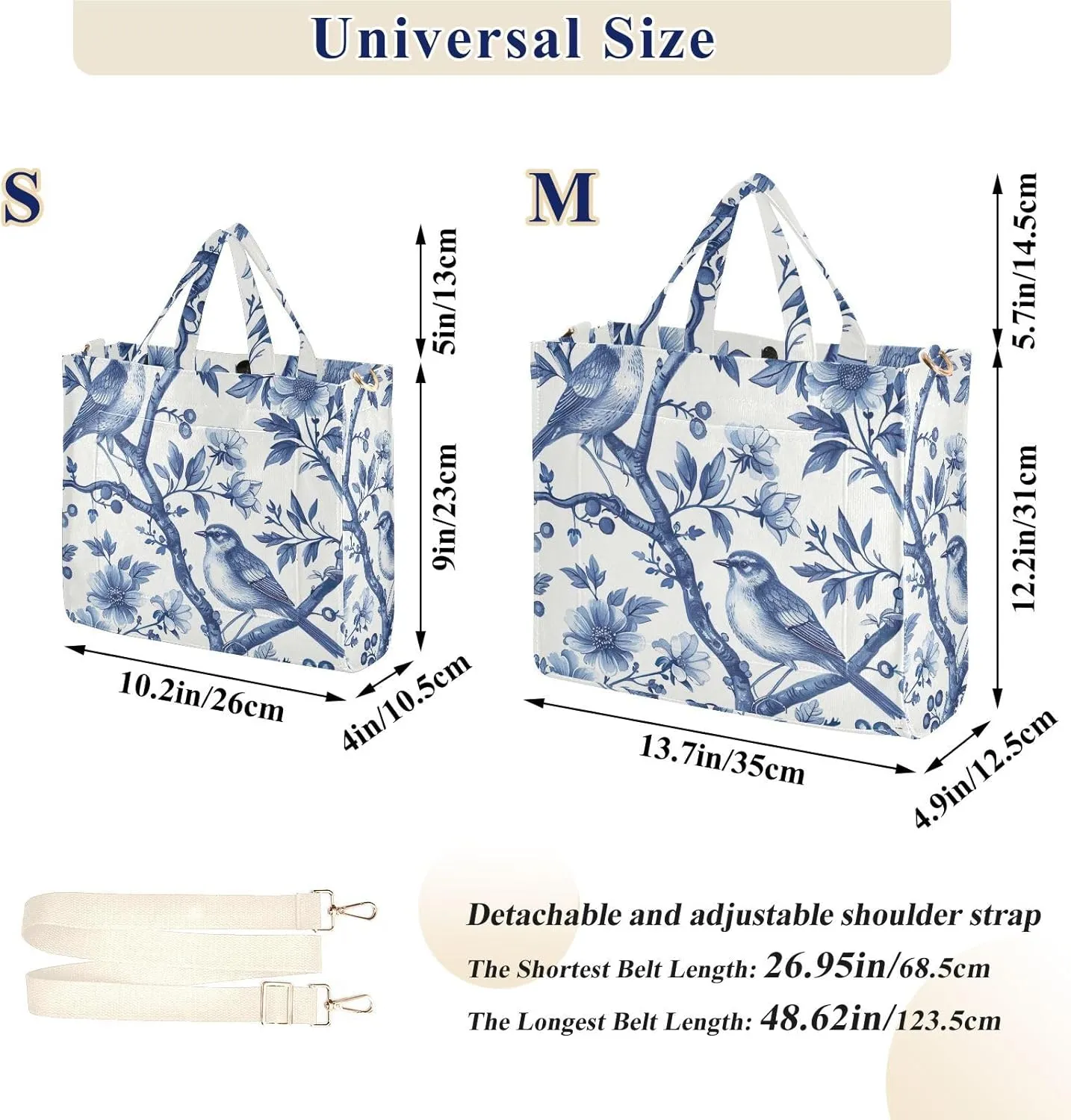 Blue White Porcelain Tote Bag for Women Large Capacity Handbag Portable Work Handbag Shoulder Bag for Beach, Shopping, Travel