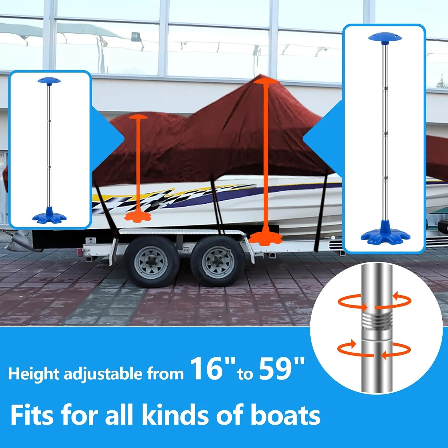Boat Cover Support Poles 2 Pack with Stable Anti-Slip Rubber Base, Stainless Steel Boat Cover Support System with 3 Strap, 4-Stage Extension Height of 16”-59” - Blue