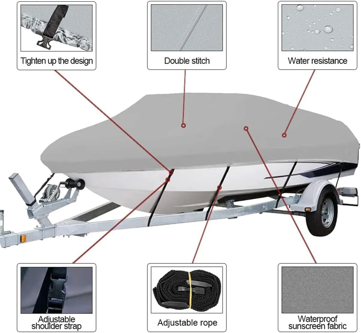 Boat Covers,17-19FT 210D Boat Cover,600 * 310cm Heavy Duty Waterproof UV Marine Grade Oxford Fabric fits V-Hull,Durable and Tear Proof, Fishing Ski Pro-Style Bass Boats,Gray