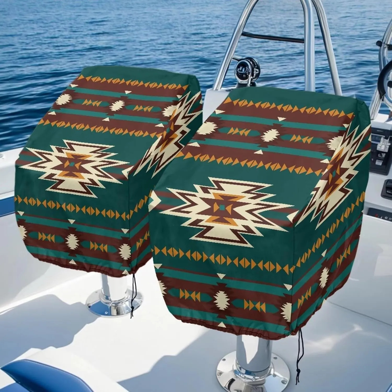Boatee Green Aztec Boat Folding Seat Cover Dust Proof Captain Chair Helmsman Dust Waterproof Furniture UV Resistant Boat Seat Cover for Outdoor Yacht Ship Fishing Native American Boat Seats