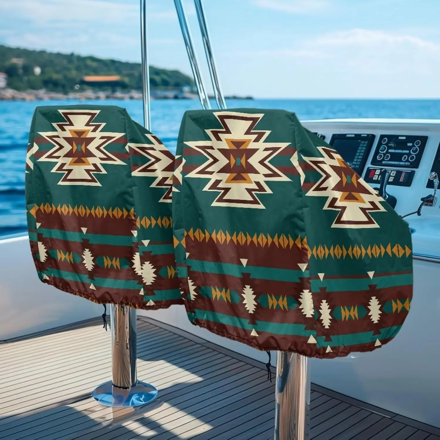 Boatee Green Aztec Boat Folding Seat Cover Dust Proof Captain Chair Helmsman Dust Waterproof Furniture UV Resistant Boat Seat Cover for Outdoor Yacht Ship Fishing Native American Boat Seats