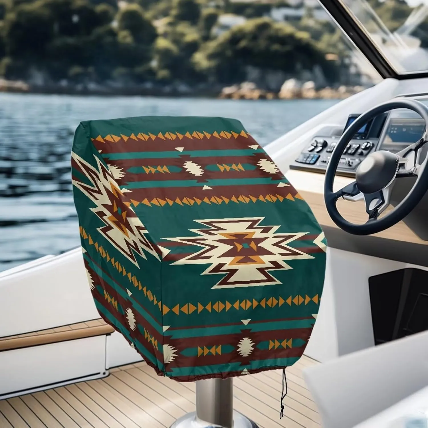 Boatee Green Aztec Boat Folding Seat Cover Dust Proof Captain Chair Helmsman Dust Waterproof Furniture UV Resistant Boat Seat Cover for Outdoor Yacht Ship Fishing Native American Boat Seats