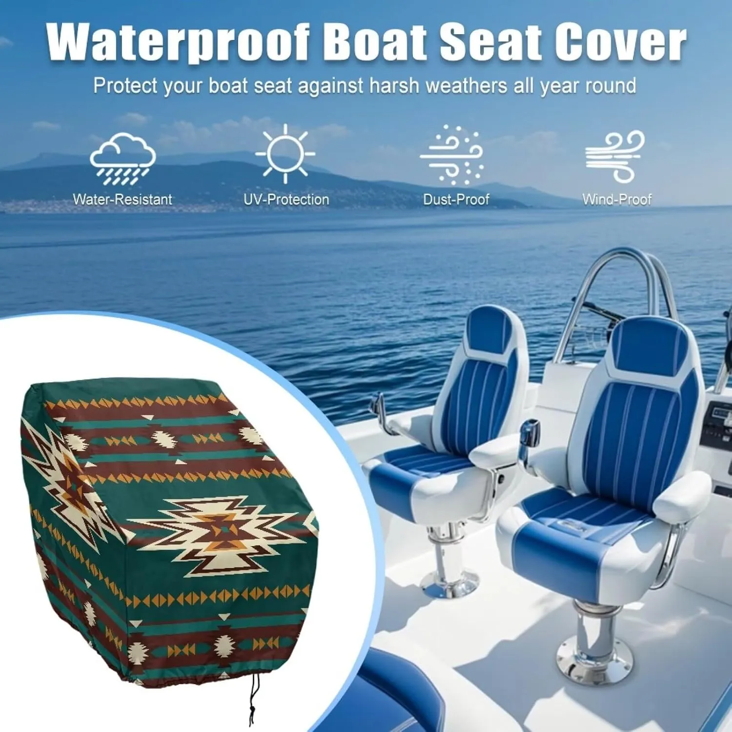 Boatee Green Aztec Boat Folding Seat Cover Dust Proof Captain Chair Helmsman Dust Waterproof Furniture UV Resistant Boat Seat Cover for Outdoor Yacht Ship Fishing Native American Boat Seats