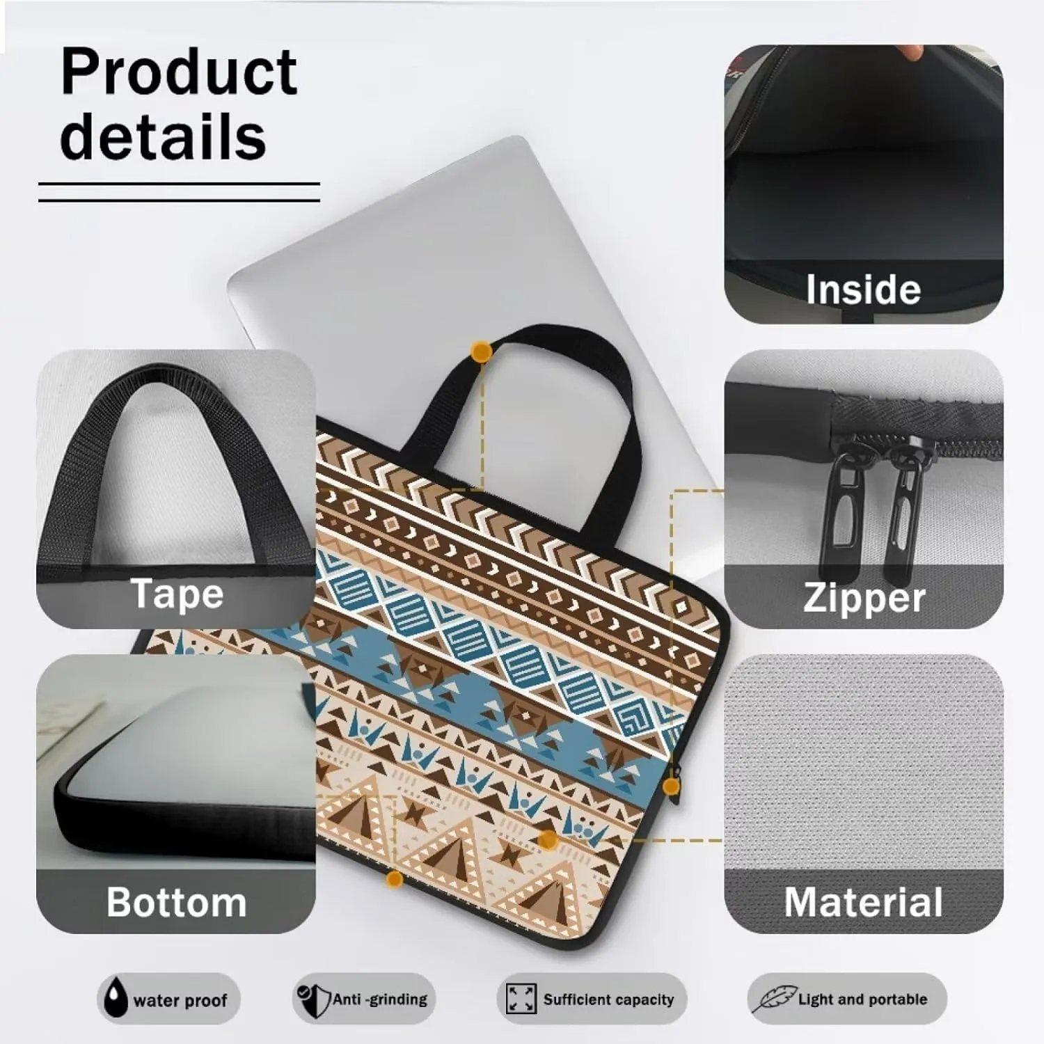 Boho Ethnic Print Computer Sleeve Laptop Bag Neoprene Netbook Computer Tablet PC Handle Carrying Case Notebook Cover Pouch Holder Protection