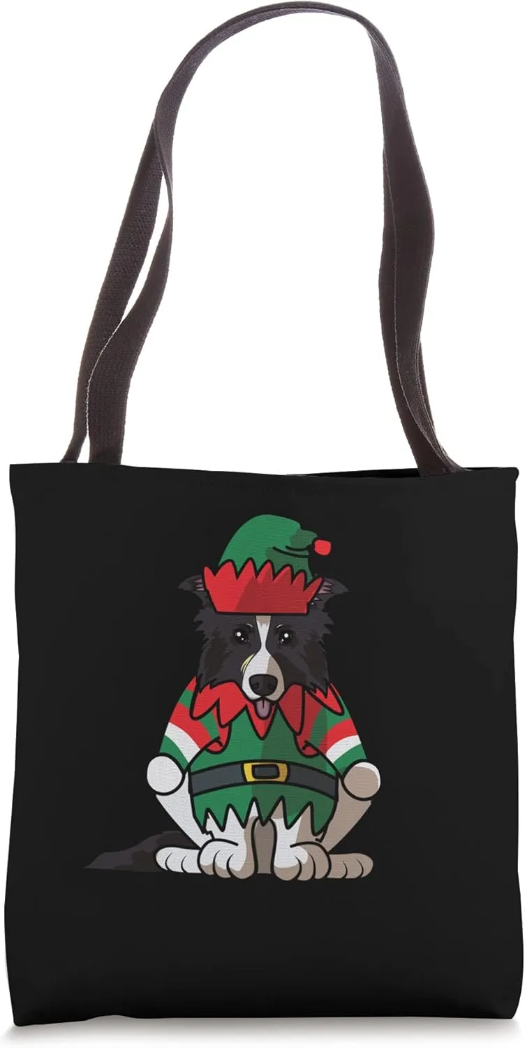 Border Collie Dog Greets Merry Christmas Santa Black Tote Bag