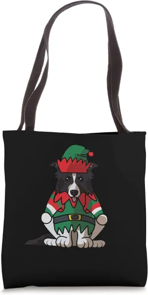 Border Collie Dog Greets Merry Christmas Santa Black Tote Bag