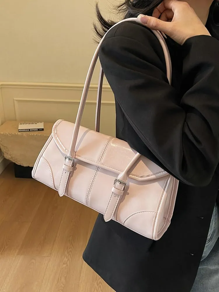 Boston Shoulder Bags for Women PU Leather Swing Bag Trendy Y2K Tote Handbag Top Handle Hobo Purse Bowling Bag Work Travel