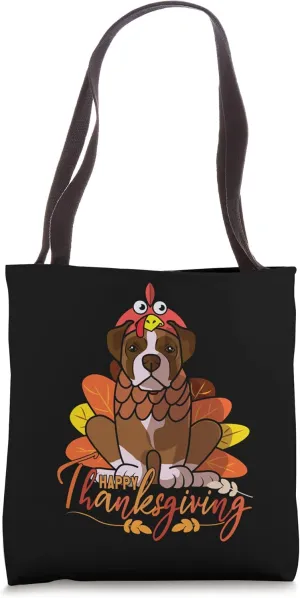 Boxer Dog Greets Happy Thanksgiving Turkey Black Tote Bag