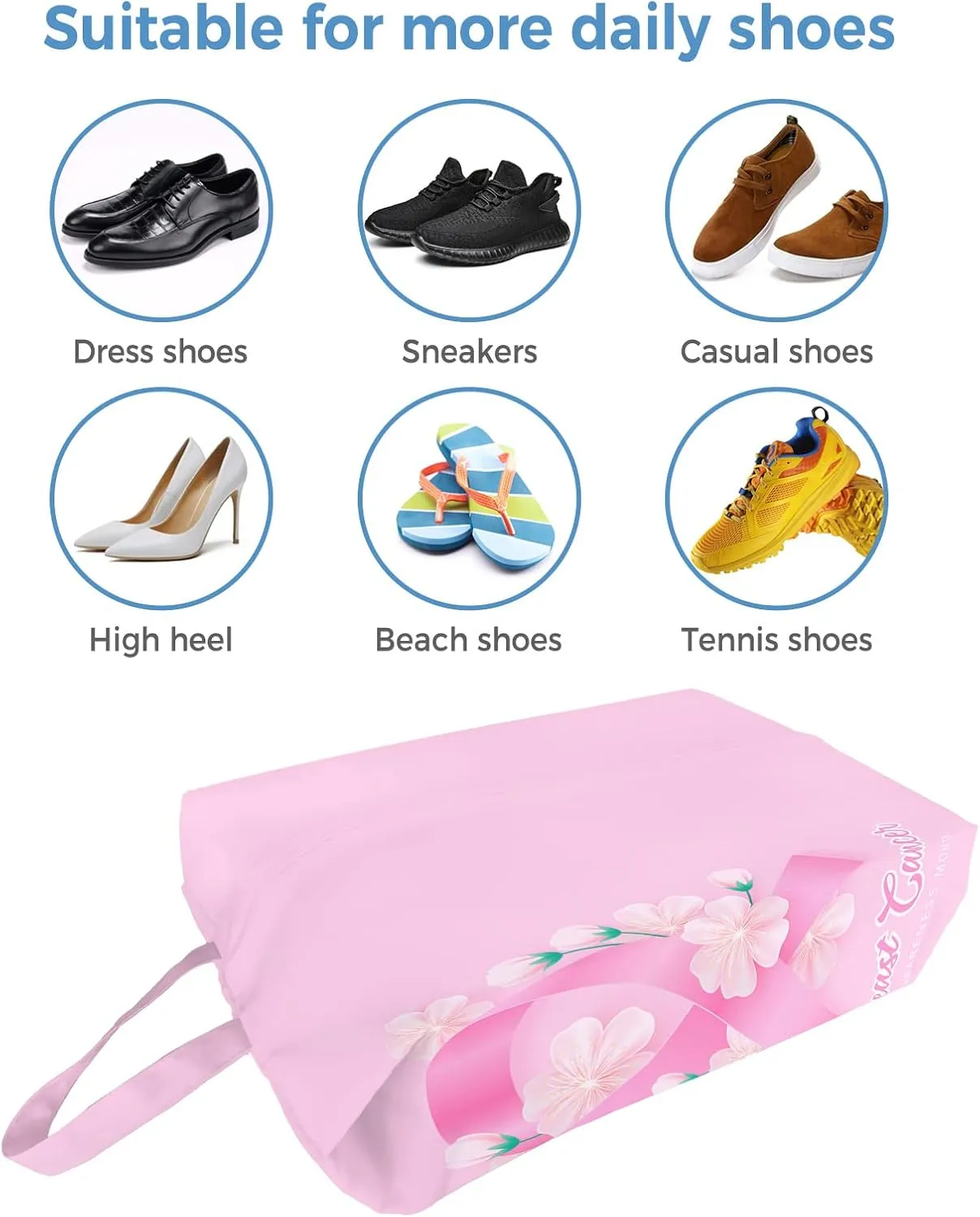 Breast Cancer Awareness Month Shoe Bags for Travel Gym Golf, Waterproof Shoe Bag with Zipper Closure, Pink Floral Botanical String Large Shoe Organizer Packing Bags Shoe Pouch for Women Men 17.7"x9.8"