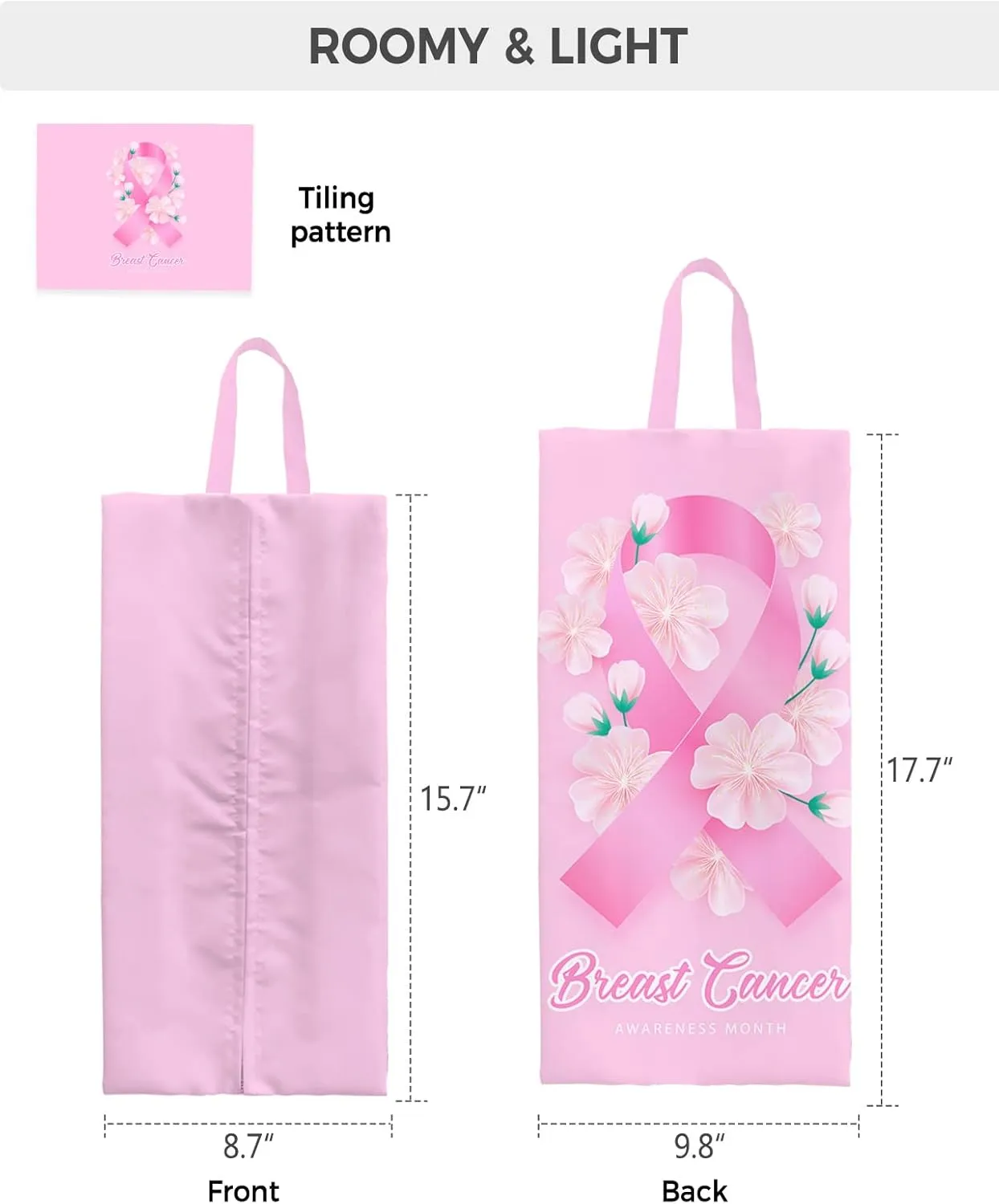 Breast Cancer Awareness Month Shoe Bags for Travel Gym Golf, Waterproof Shoe Bag with Zipper Closure, Pink Floral Botanical String Large Shoe Organizer Packing Bags Shoe Pouch for Women Men 17.7"x9.8"