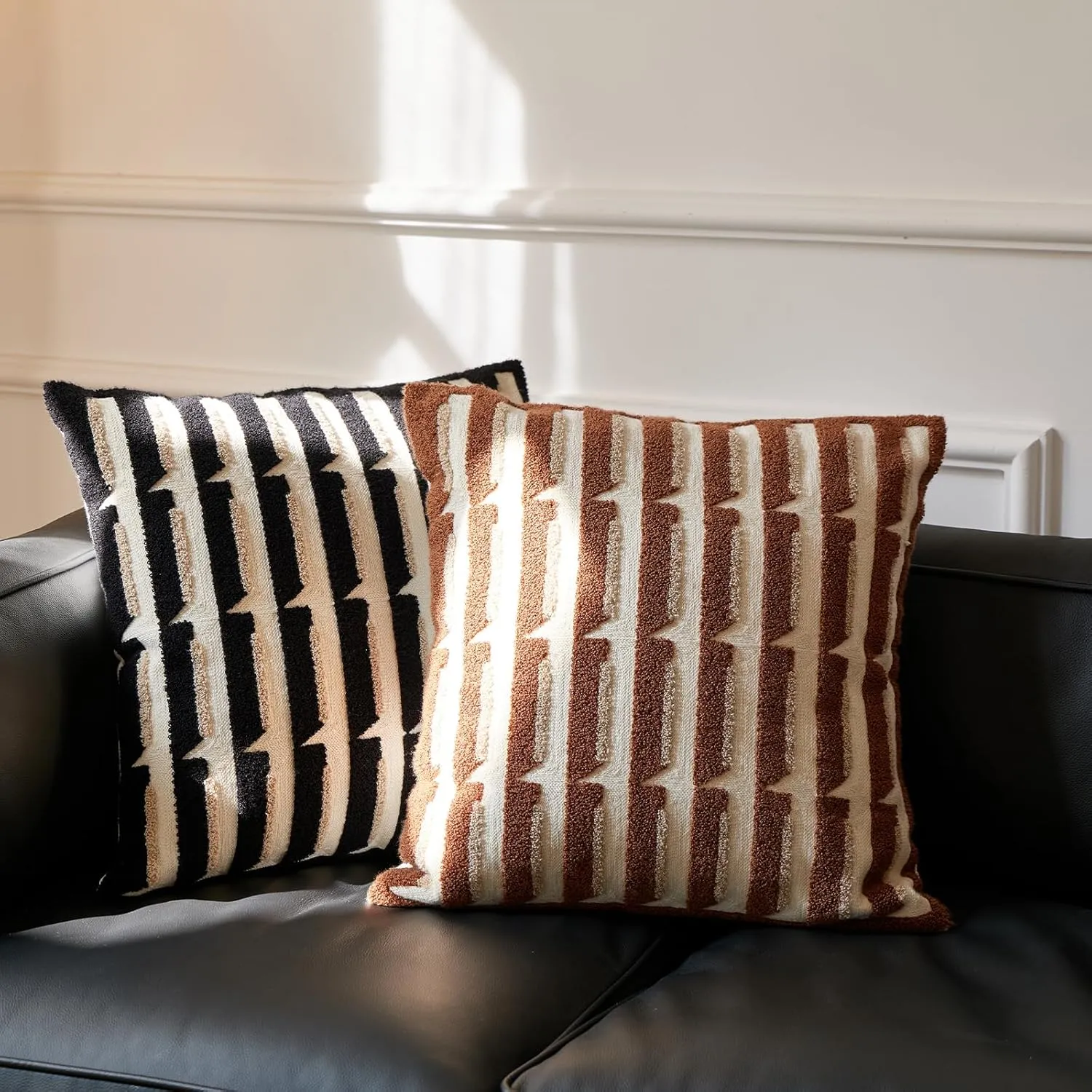 Brown Cream Chunky Village Bohu Throw Pillow Covers，Chic Strip Geometric Decorative Aesthetic Pillowcases，Woven Modern Sham for Couch Bed Sofa Bedroom ，18x18 Inches, 1PCS