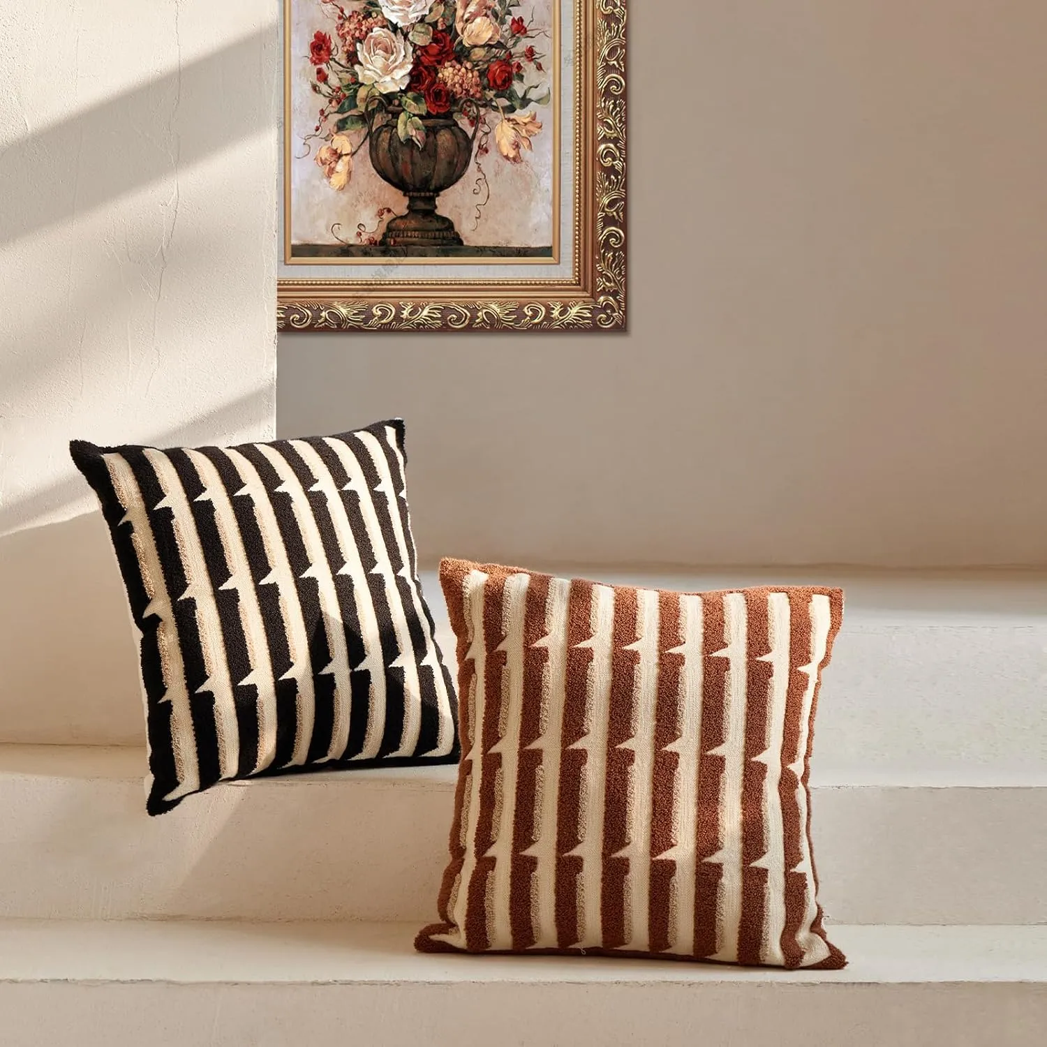 Brown Cream Chunky Village Bohu Throw Pillow Covers，Chic Strip Geometric Decorative Aesthetic Pillowcases，Woven Modern Sham for Couch Bed Sofa Bedroom ，18x18 Inches, 1PCS