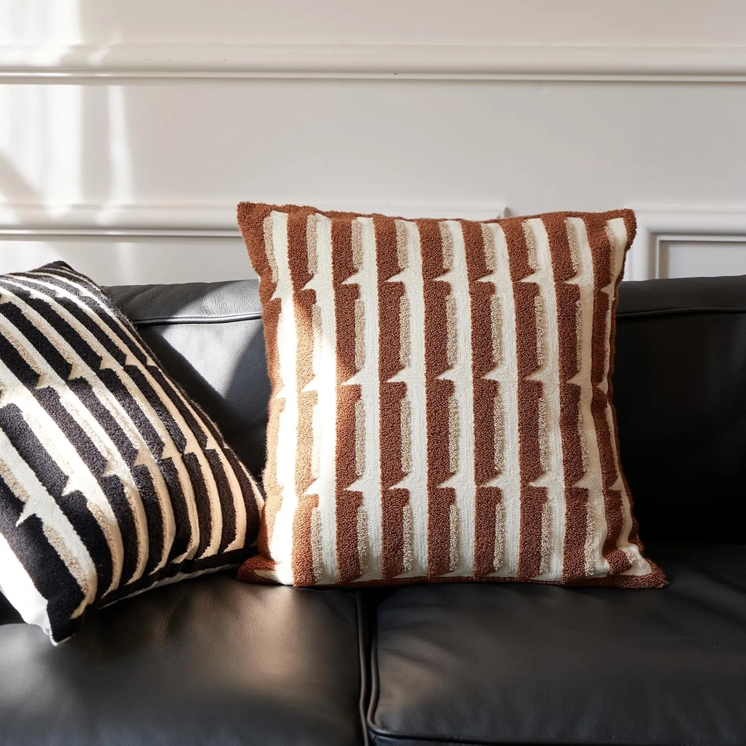 Brown Cream Chunky Village Bohu Throw Pillow Covers，Chic Strip Geometric Decorative Aesthetic Pillowcases，Woven Modern Sham for Couch Bed Sofa Bedroom ，18x18 Inches, 1PCS