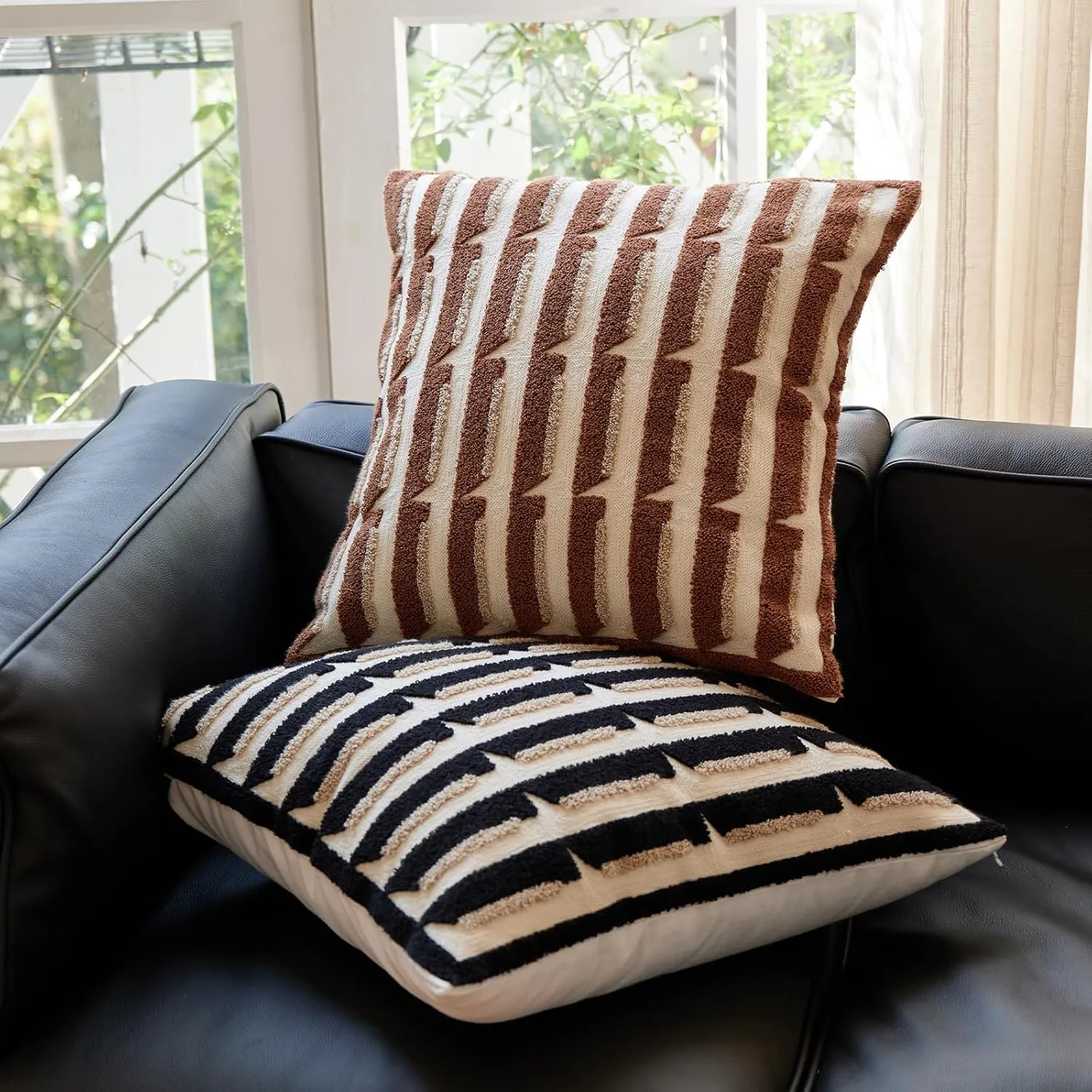 Brown Cream Chunky Village Bohu Throw Pillow Covers，Chic Strip Geometric Decorative Aesthetic Pillowcases，Woven Modern Sham for Couch Bed Sofa Bedroom ，18x18 Inches, 1PCS