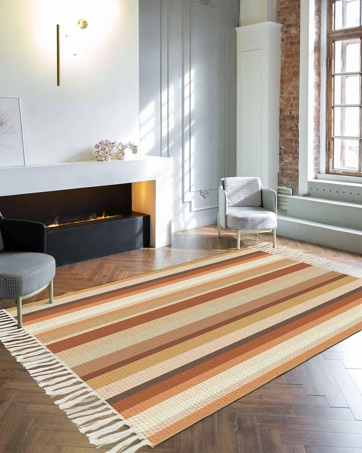 Brown Orange Large Runner Rug 4X6 Ft Living Room Area Rug, Washable Woven Throw Carpet with Tassel, Farmhouse Abstract Ombre Striped Texture Non-Shedding Bedroom Office Carpets