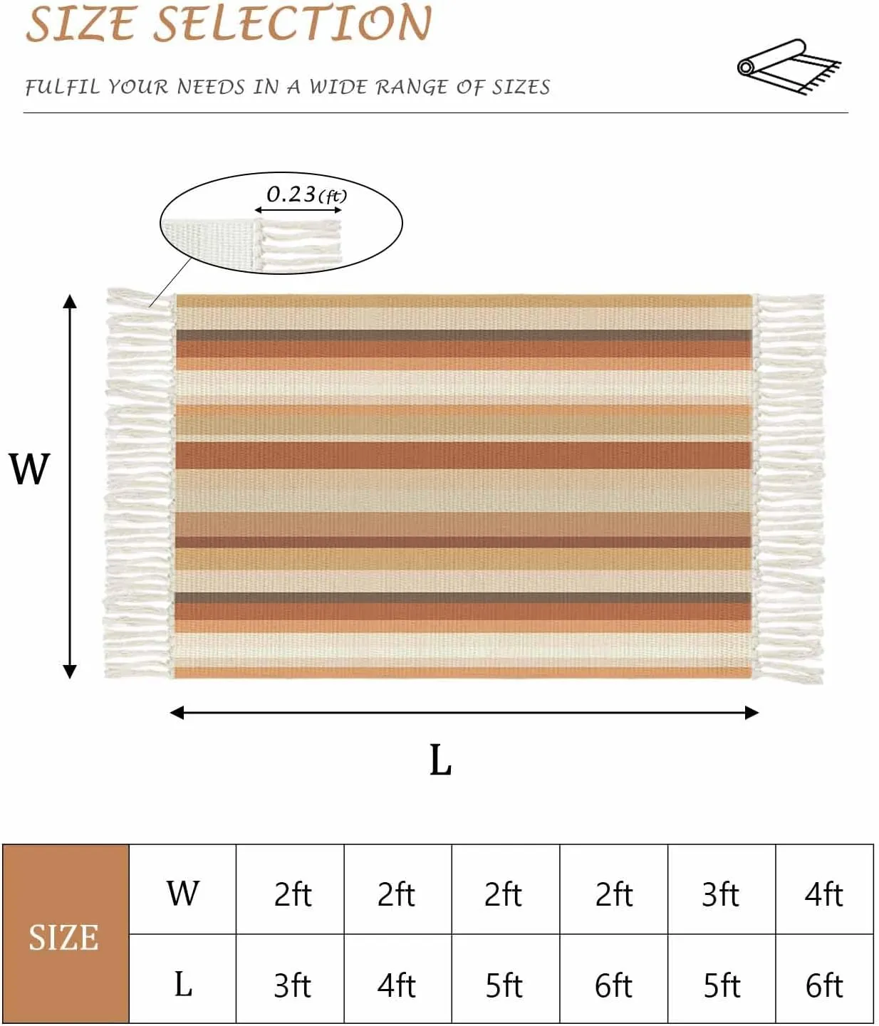 Brown Orange Large Runner Rug 4X6 Ft Living Room Area Rug, Washable Woven Throw Carpet with Tassel, Farmhouse Abstract Ombre Striped Texture Non-Shedding Bedroom Office Carpets