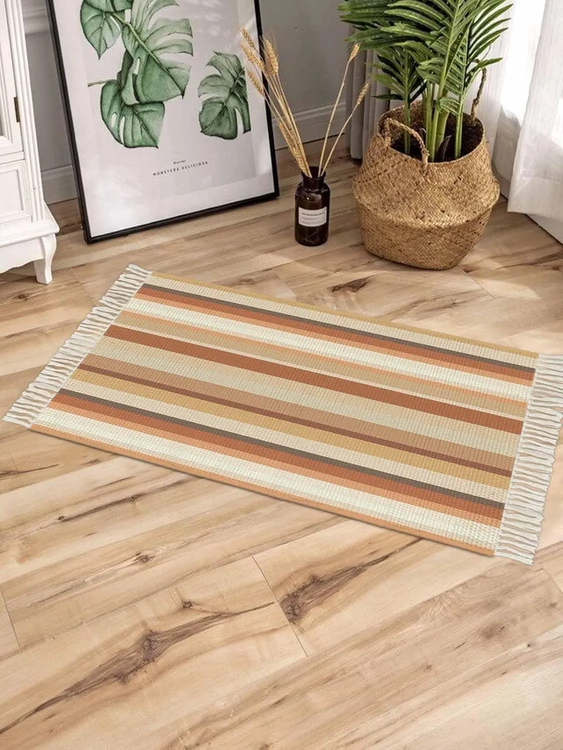 Brown Orange Large Runner Rug 4X6 Ft Living Room Area Rug, Washable Woven Throw Carpet with Tassel, Farmhouse Abstract Ombre Striped Texture Non-Shedding Bedroom Office Carpets