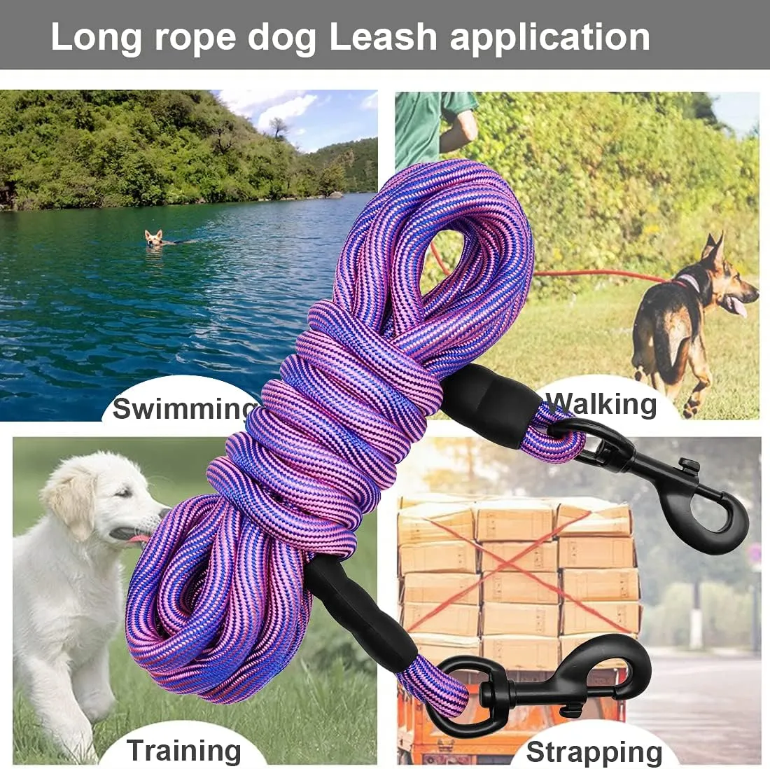 BTINESFUL 8ft/12ft/20ft/30ft/50ft/75ft Dog Tie-Out Long Tether Rope Leash, Outdoor Dog Yard Leash- Large Medium Small Dogs Training, Playing, Camping,Backyard