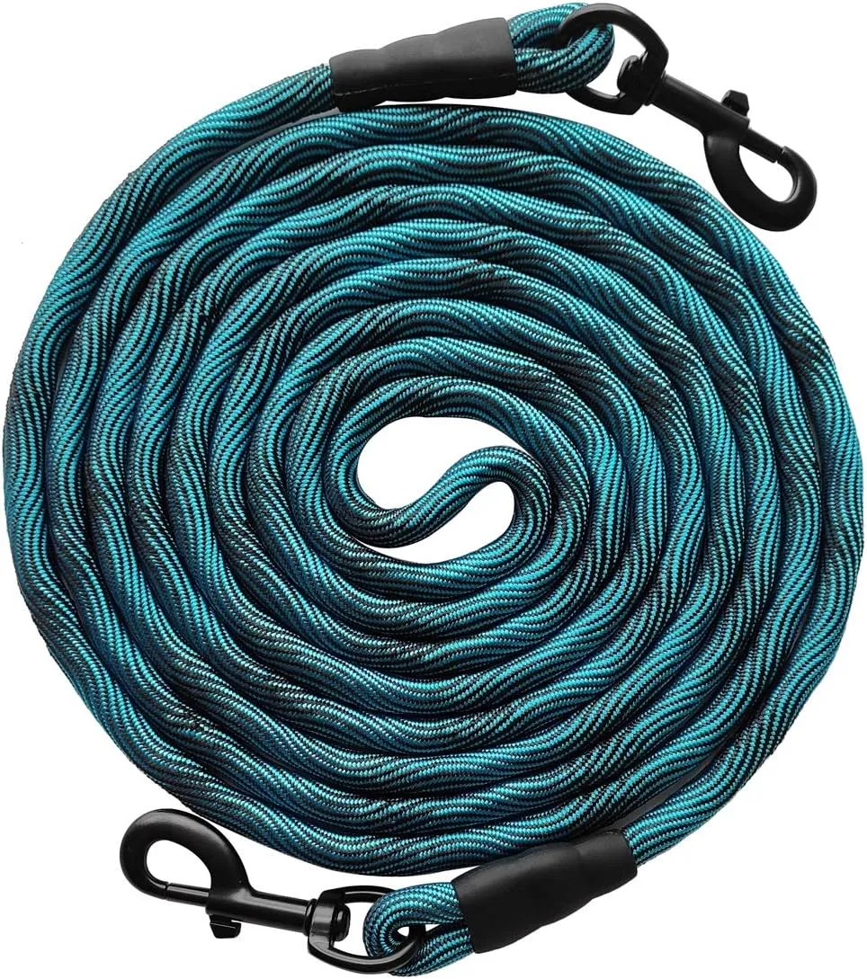 BTINESFUL Tie-Out Check Cord Long Rope Dog Leash, 12ft 20ft 30ft 50ft Recall Training Lead Leash- Great for Large Medium Small Dogs Training, Playing, Camping, or Backyard (30ft, Blue Black)