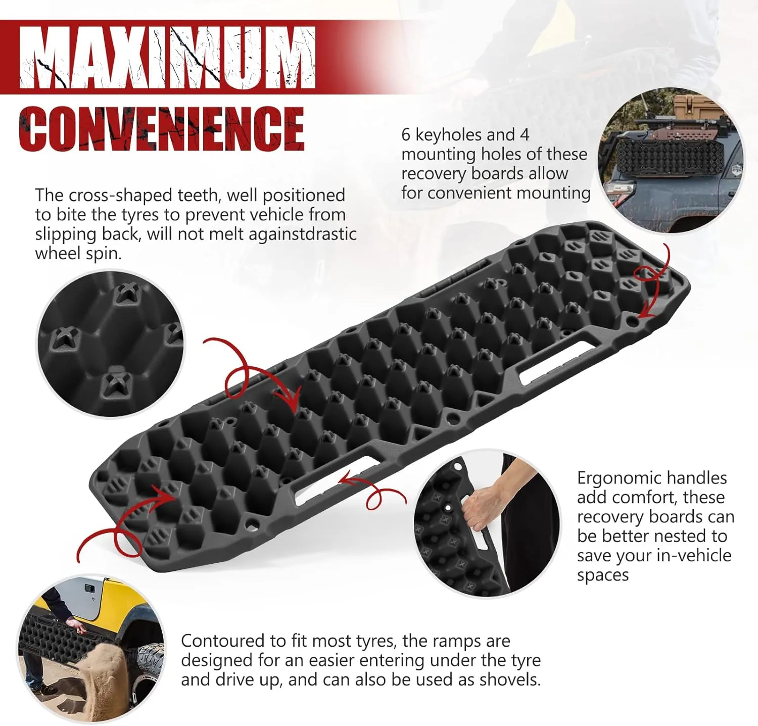 BUNKER INDUST Off-Road Traction Boards, Pair Recovery Tracks Traction Mat for Jeep Mud, Sand, Snow Traction Pads-Black Emergency Tire Traction Device
