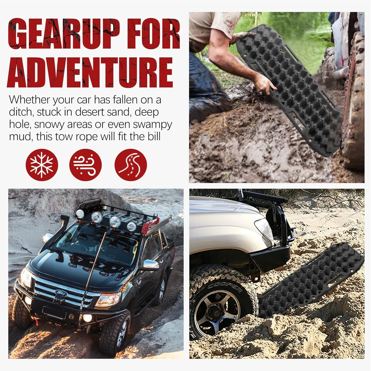 BUNKER INDUST Off-Road Traction Boards, Pair Recovery Tracks Traction Mat for Jeep Mud, Sand, Snow Traction Pads-Black Emergency Tire Traction Device