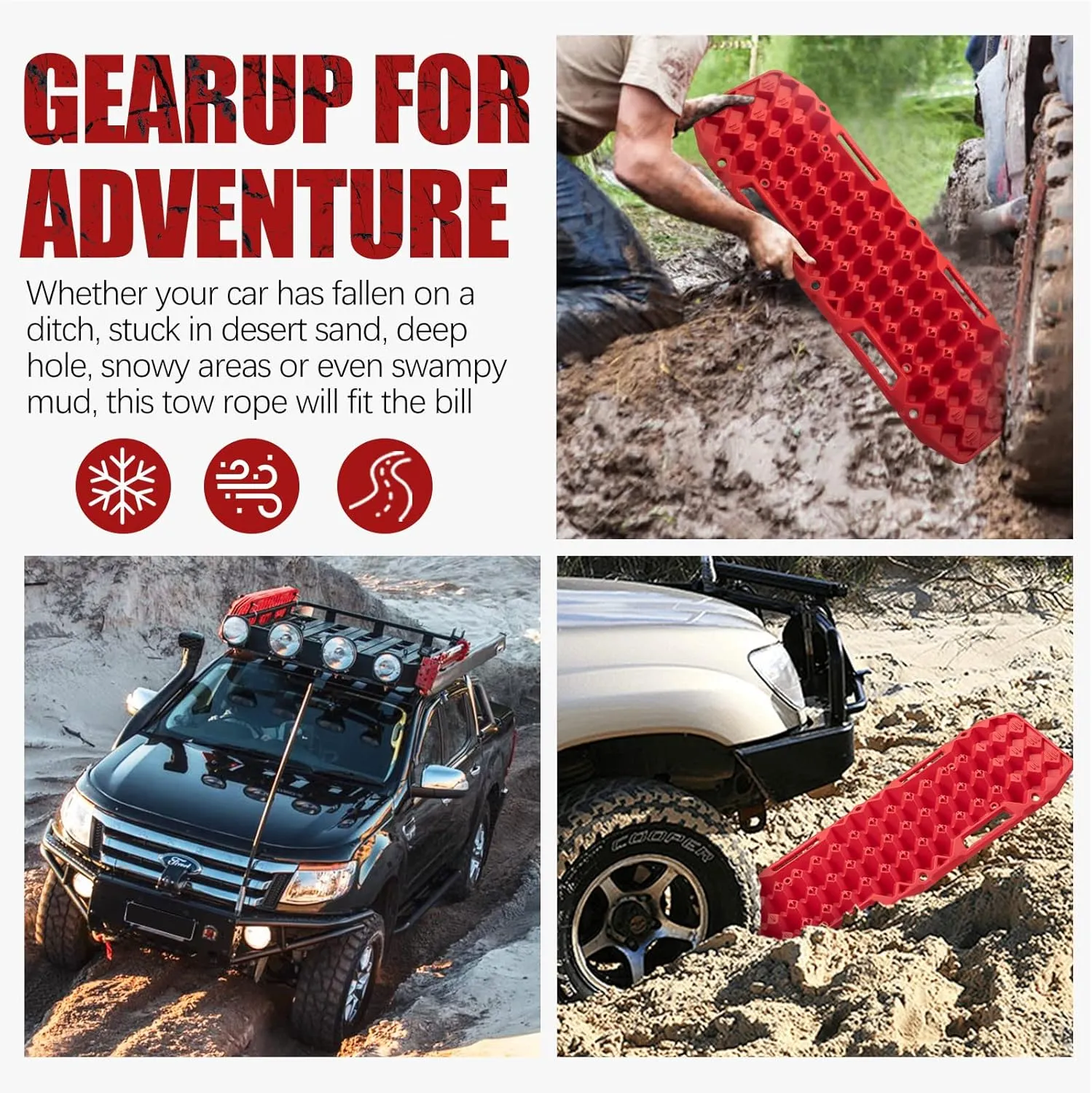 BUNKER INDUST Off-Road Traction Boards, Pair Recovery Tracks Traction Mat for Jeep Mud, Sand, Snow Traction Pads-Red Emergency Tire Traction Device