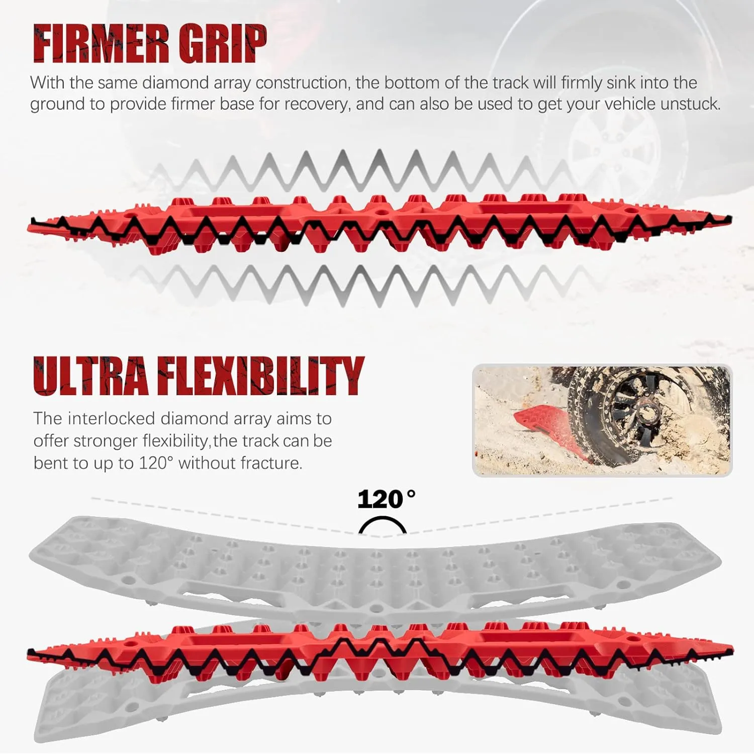 BUNKER INDUST Off-Road Traction Boards, Pair Recovery Tracks Traction Mat for Jeep Mud, Sand, Snow Traction Pads-Red Emergency Tire Traction Device