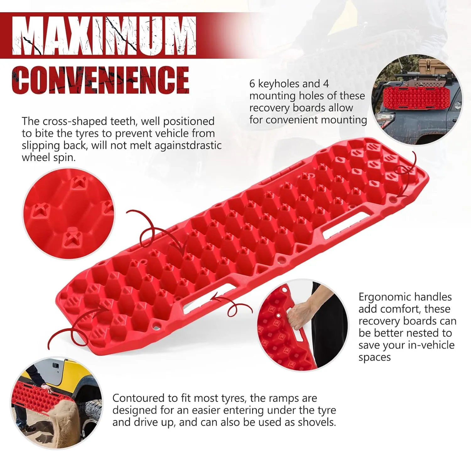 BUNKER INDUST Off-Road Traction Boards, Pair Recovery Tracks Traction Mat for Jeep Mud, Sand, Snow Traction Pads-Red Emergency Tire Traction Device