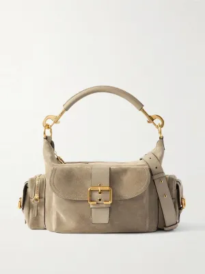 Camera leather-trimmed suede shoulder bag