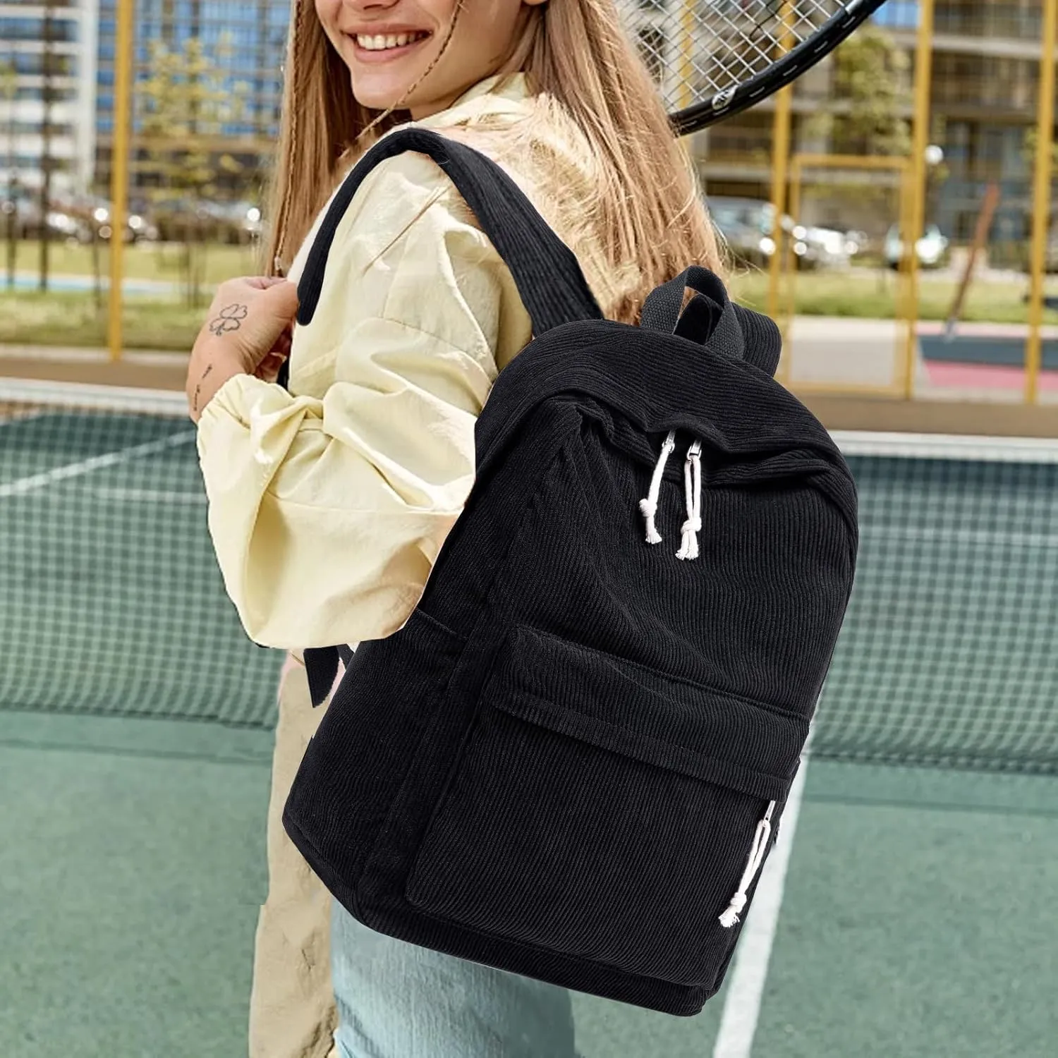 CAMTOP School Backpack for Teens Girls Cute Corduroy Bookbag Lightweight 17 inch Laptop Bag for Women Durable Casual Daypack (Black)