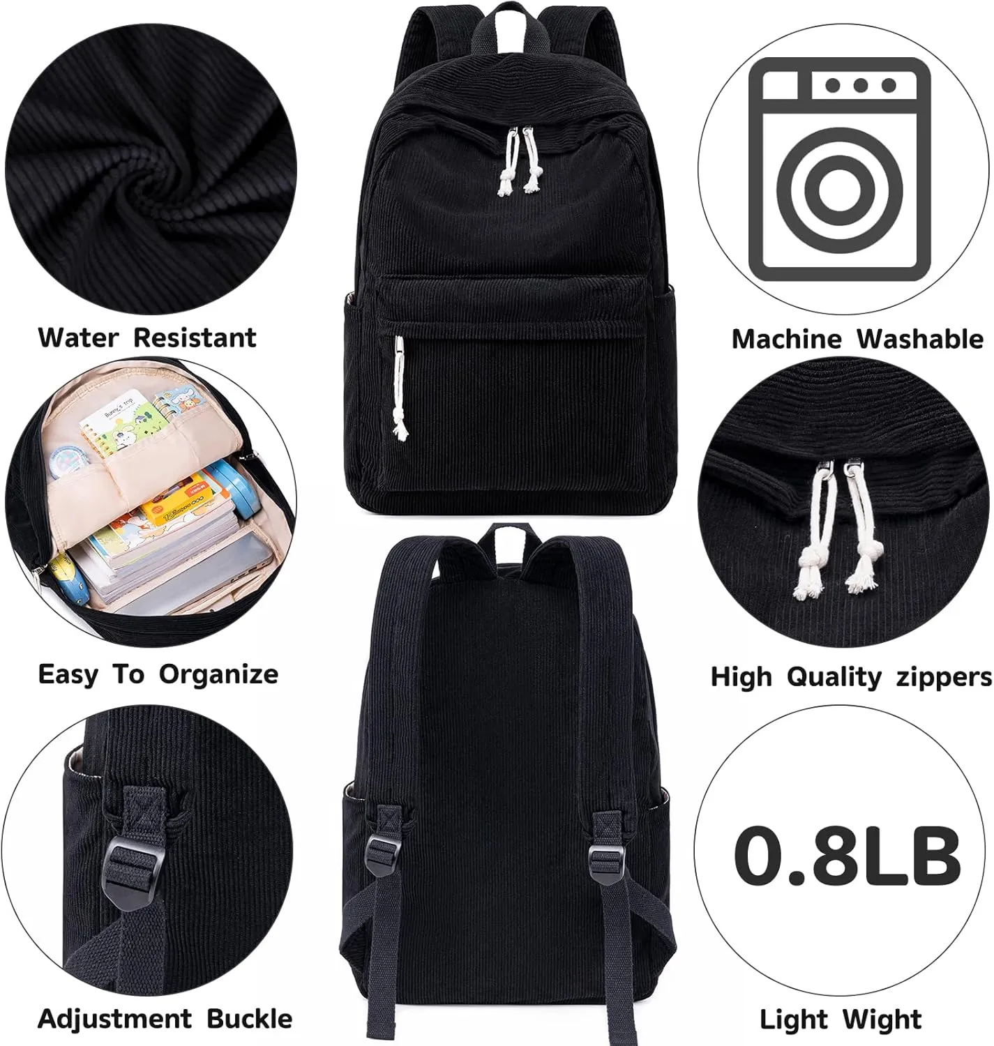 CAMTOP School Backpack for Teens Girls Cute Corduroy Bookbag Lightweight 17 inch Laptop Bag for Women Durable Casual Daypack (Black)