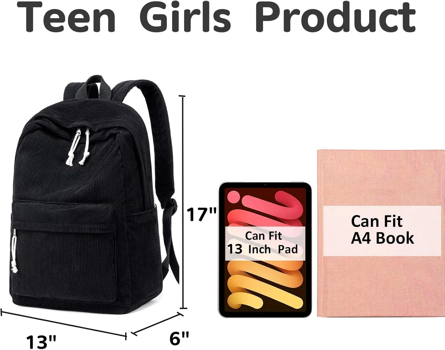 CAMTOP School Backpack for Teens Girls Cute Corduroy Bookbag Lightweight 17 inch Laptop Bag for Women Durable Casual Daypack (Black)