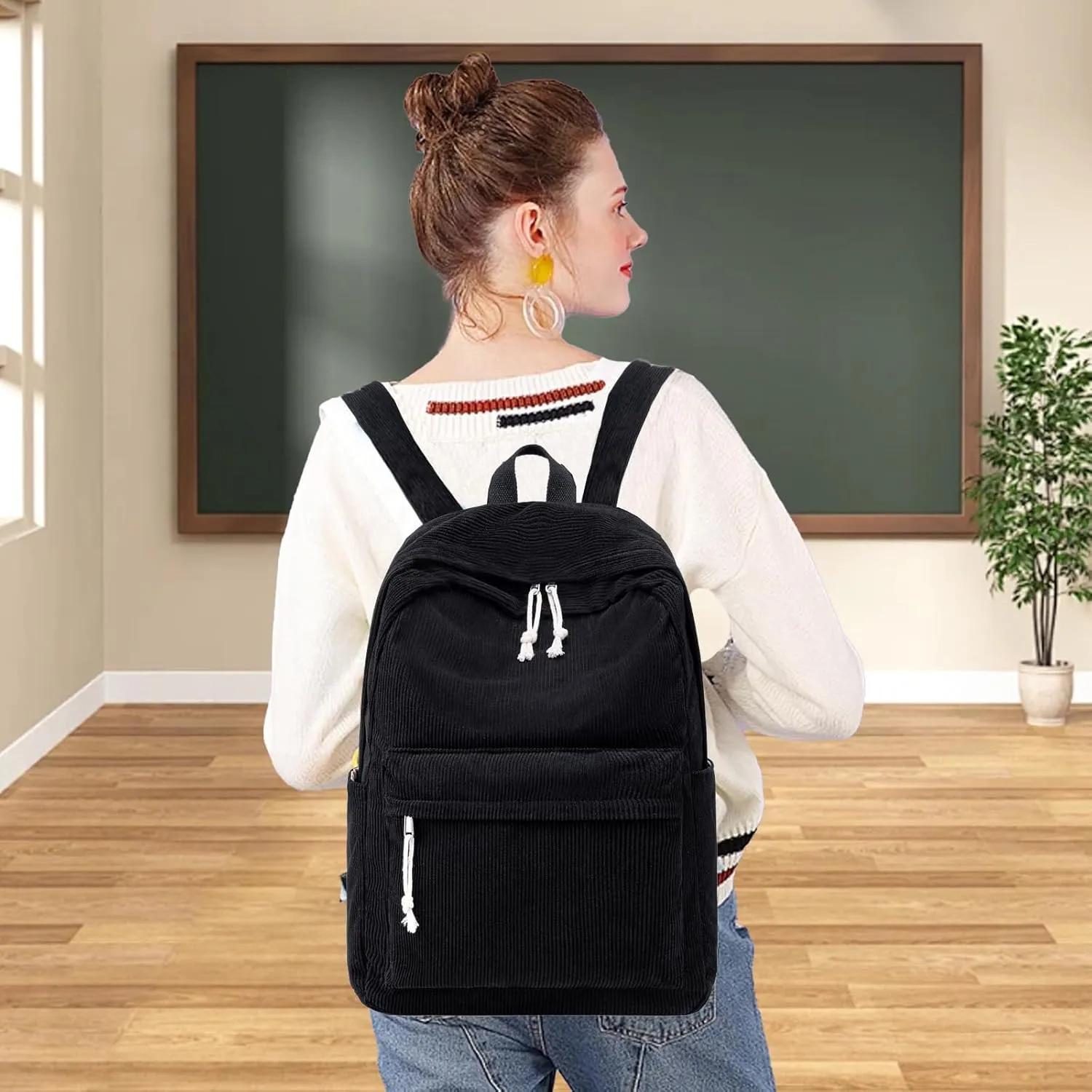 CAMTOP School Backpack for Teens Girls Cute Corduroy Bookbag Lightweight 17 inch Laptop Bag for Women Durable Casual Daypack (Black)