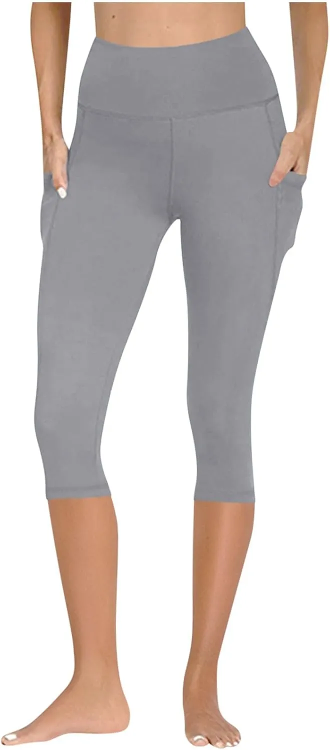 Capri Leggings for Women Summer Stretch High Waisted Soft Cropped Trousers Casual Workout Yoga Pants with Pockets