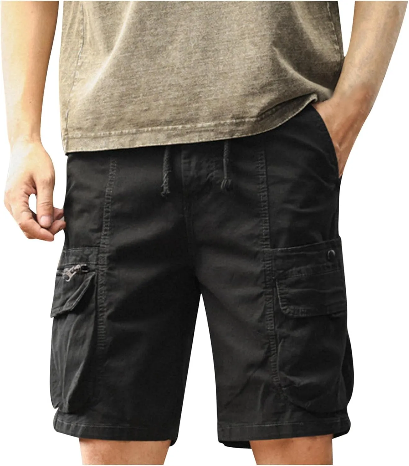 Cargo Shorts for Men Drawstring Waist Casual Lightweight Relaxed Fit Hiking Outdoor Work Shorts with Multi Pockets